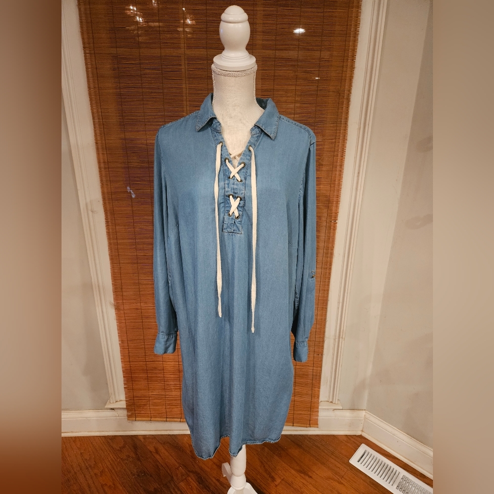 Style & co Woman's 1X Shirt Dress Blue Chambray Roll Tab Sleeve Lace-Up V-neck